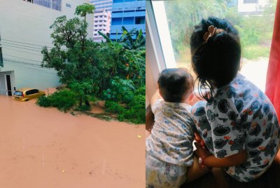 Hujan lebat berterusan sejak Jumaat mengakibatkan beberapa kawasan di Hatyai dilanda banjir. Gambar kiri: Bayi sembilan bulan dan anak Wan Asyikin yang berusia 5 tahun. Foto tular