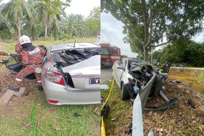 Sepasang suami isteri warga emas maut selepas kereta dipandu anak mereka terbabas dan melanggar penghadang jalan di Lebuh AMJ Sungai Rambai, Jasin pada Sabtu. Foto JBPM