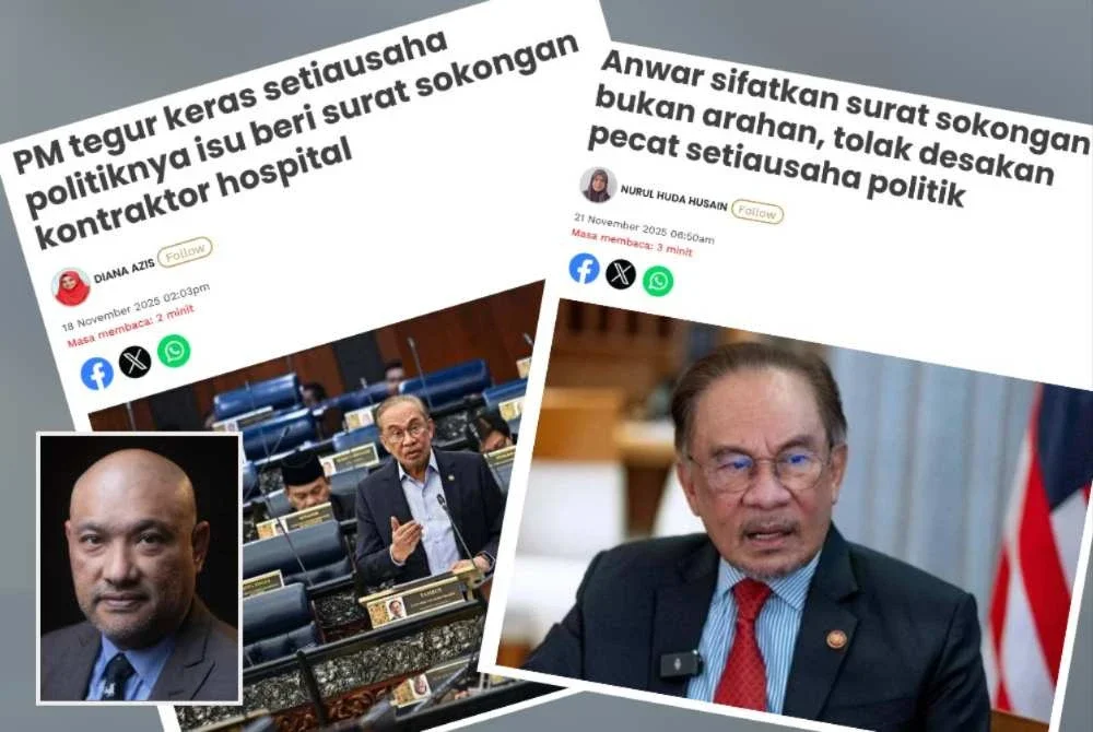 Laporan Sinar Harian mengenai isu surat sokongan. Gambar kecil: Pushpan Murugiah