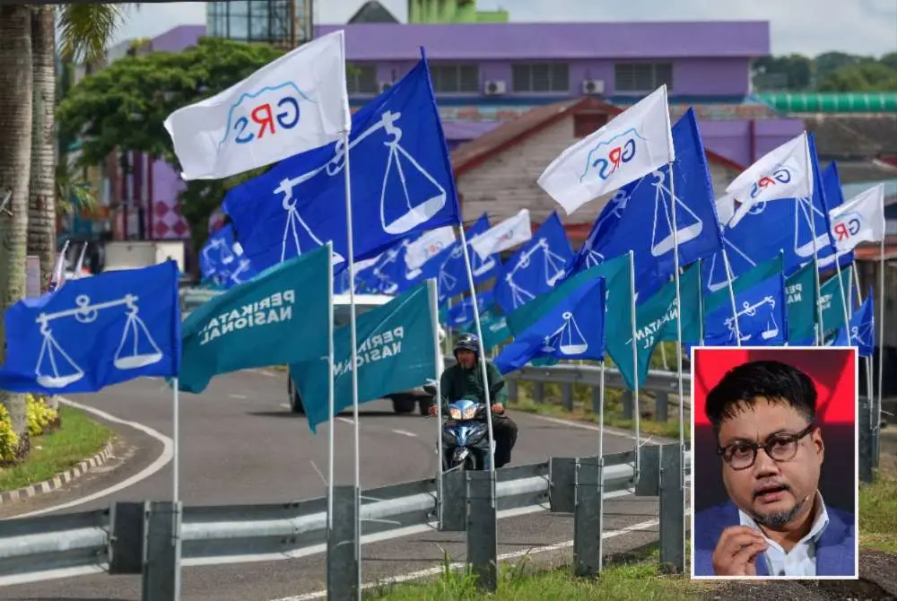 Perang bendera antara parti yang bertanding pada PRN Sabah ke-17 di pekan Lahad Datu. Gambar kecil: Hisommudin
