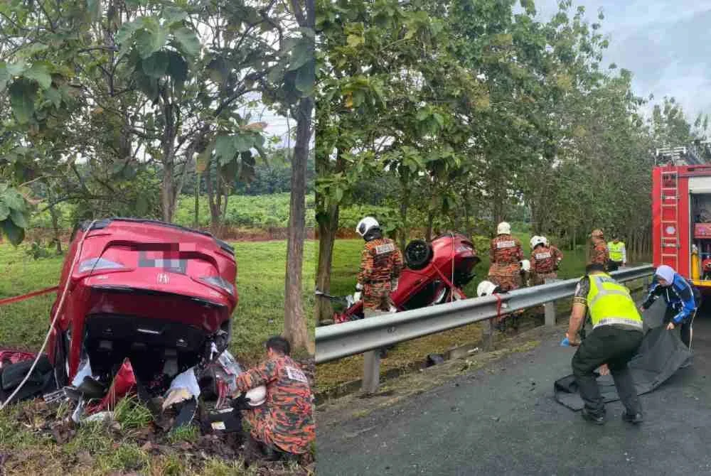 Kereta mangsa dipercayai terbabas sebelum melanggar besi penghadang jalan dan terbalik di sebelah kiri jalan.