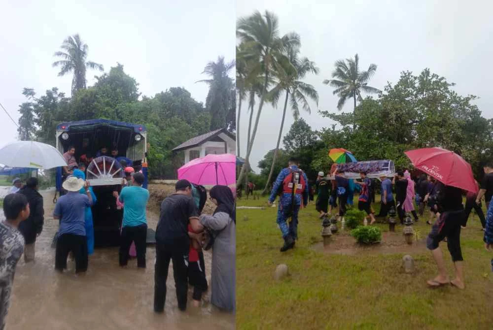 APM Kelantan berdepan kesukaran semasa membantu menguruskan pengebumian jenazah di Beris Arab, Kampung Senang, Kota Bharu apabila laluan digenangi air setinggi 0.6 meter pada Ahad. Foto APM