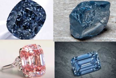Dari atas kiri; Blue Moon of Josephine, De Beers Cullinan Blue, Graff Pink dan Oppenheimer Blue.