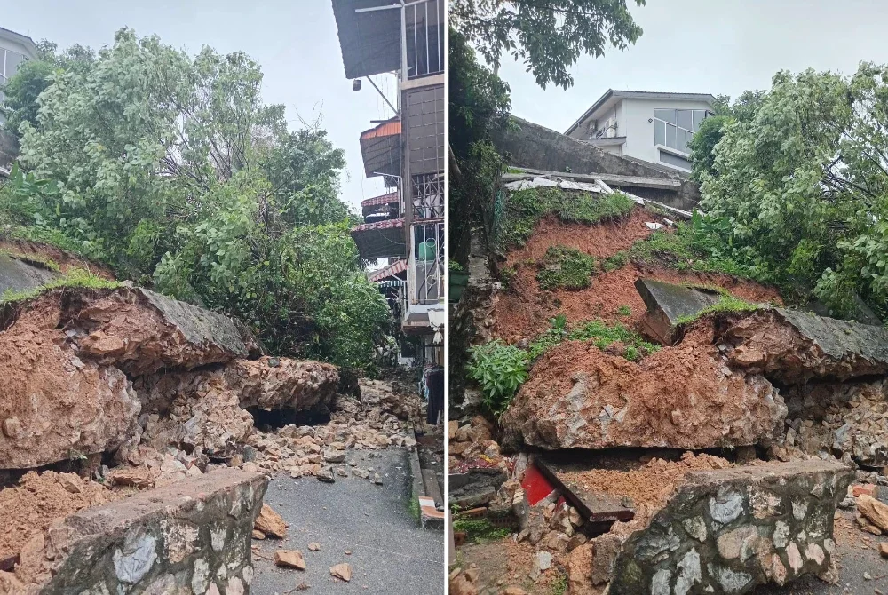 Keadaan di lokasi tanah runtuh di Taman United pada Isnin. Foto ihsan JBPM Kuala Lumpur.