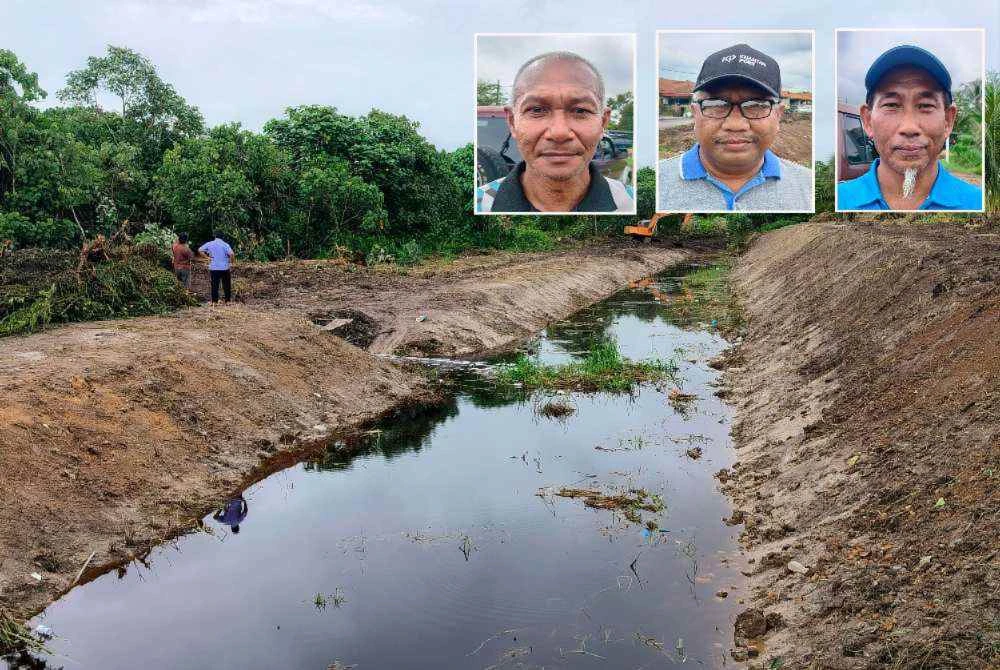 Kerja-kerja pembersihan longkang yang giat dijalankan pihak kontraktor dilantik bermula 19 November lalu. Gambar kecil dari kiri: Asri, Azizan dan Nasaruddin.