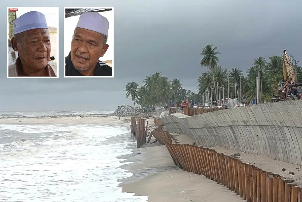 Kerja-kerja pembinaan tetap diteruskan di Jalan Pantai Batu Rakit, Kuala Nerus. Gambar kecil: Manan (kiri) dan Muda. 