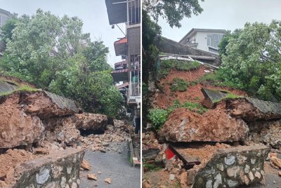 Keadaan di lokasi tanah runtuh di Taman United pada Isnin. Foto ihsan JBPM Kuala Lumpur.