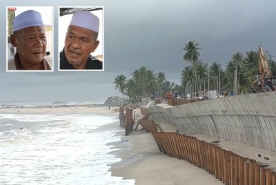 Kerja-kerja pembinaan tetap diteruskan di Jalan Pantai Batu Rakit, Kuala Nerus. Gambar kecil: Manan (kiri) dan Muda. 