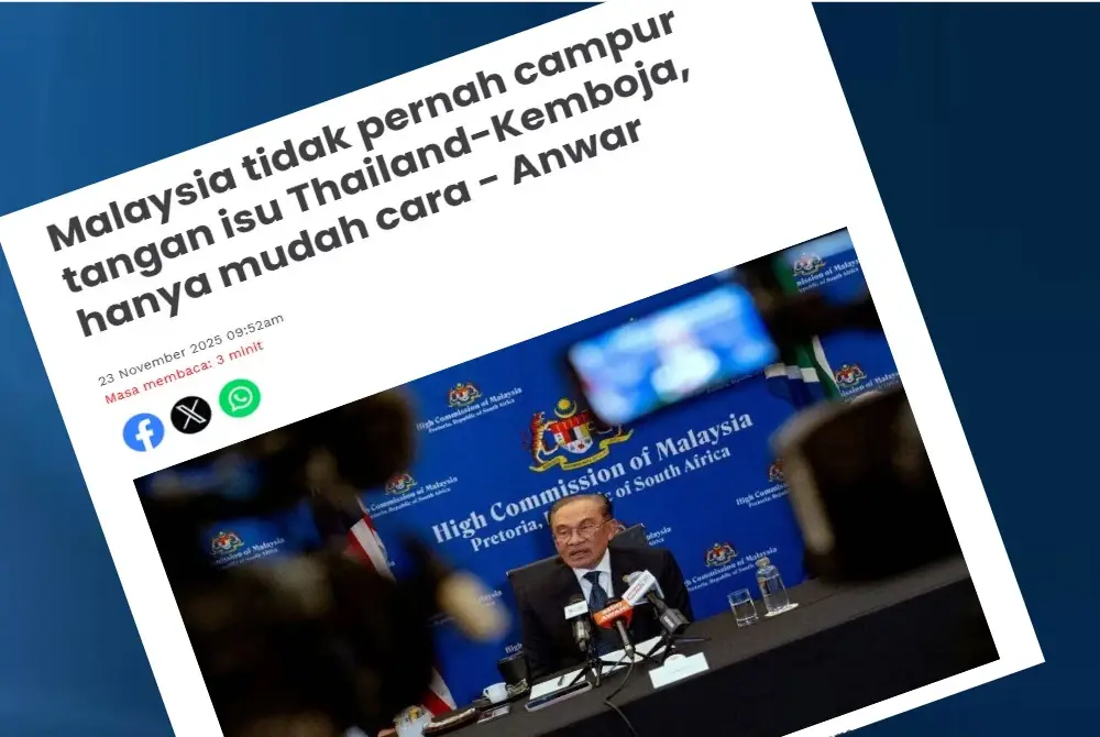 Laporan Sinar Harian mengenai Perdana Menteri, Datuk Seri Anwar Ibrahim menyangkal dakwaan bahawa Malaysia campur tangan dalam ketegangan diplomatik baru-baru ini antara Thailand dengan Kemboja,