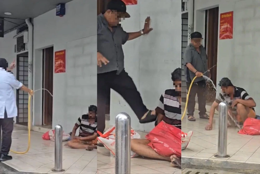 Tangkap layar video tular lelaki dipercayai gelandangan disiram air oleh pengawal keselamatan dan disepak tukang kasut. Kredit video: Ihsan pengguna media sosial