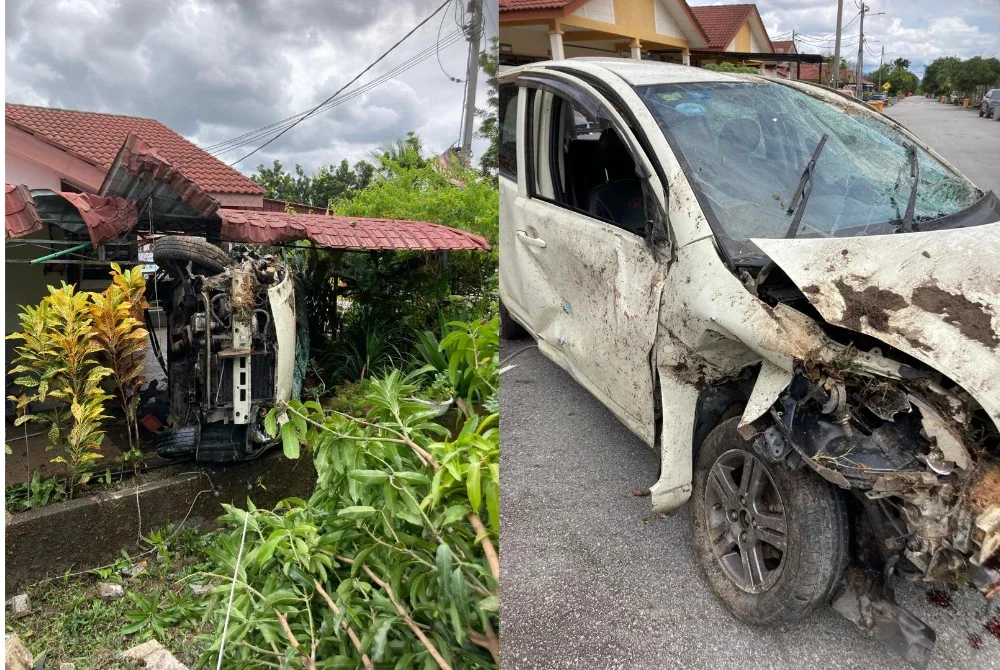 Sebuah kereta Perodua Myvi hilang kawalan dan terbabas sebelum terjatuh dari ketinggian 10 meter merempuh pagar rumah penduduk.