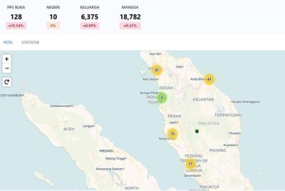 Tangkap layar dapatan setakat 10.55 pagi Selasa dikemaskini dalam Info Bencana JKM.