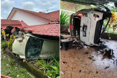 Sebuah kereta Perodua Myvi hilang kawalan dan terbabas sebelum terjatuh dari ketinggian 10 meter merempuh pagar rumah penduduk.