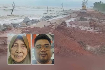 Keadaan ban pecah akibat fenomena air pasang besar di Kampung Sentosa. Gambar kecil dari kiri: Salbiah, Muhammad Tajuddin