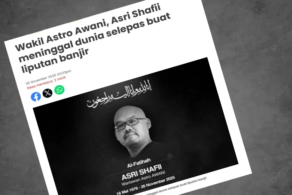 Laporan Sinar Harian pada Rabu mengenai kematian wakil Astro Awani selepas membuat liputan banjir. 