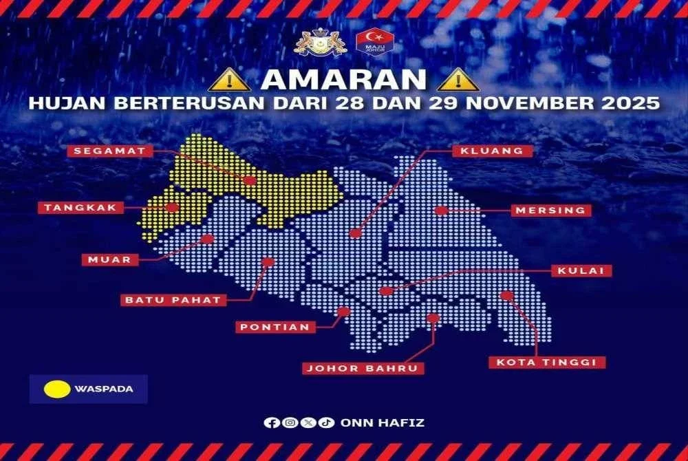 Amaran hujan berterusan di Tangkak dan Segamat pada Jumaat dan Sabtu ini. 