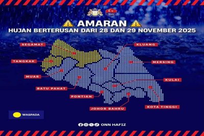 Amaran hujan berterusan di Tangkak dan Segamat pada Jumaat dan Sabtu ini. 