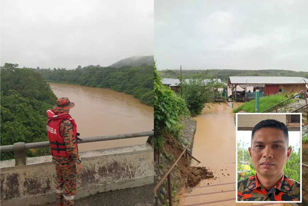 Bomba melaksanakan pemantauan Sungai Kelantan di Tangga Krai.  - Gambar kecil (Nik Ahmad Afsham)