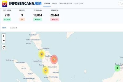 Tangkap layar jumlah mangsa banjir di sembilan negeri seramai 29,441 orang, melibatkan 10,064 keluarga setakat kemaskini jam 11.15 pagi.