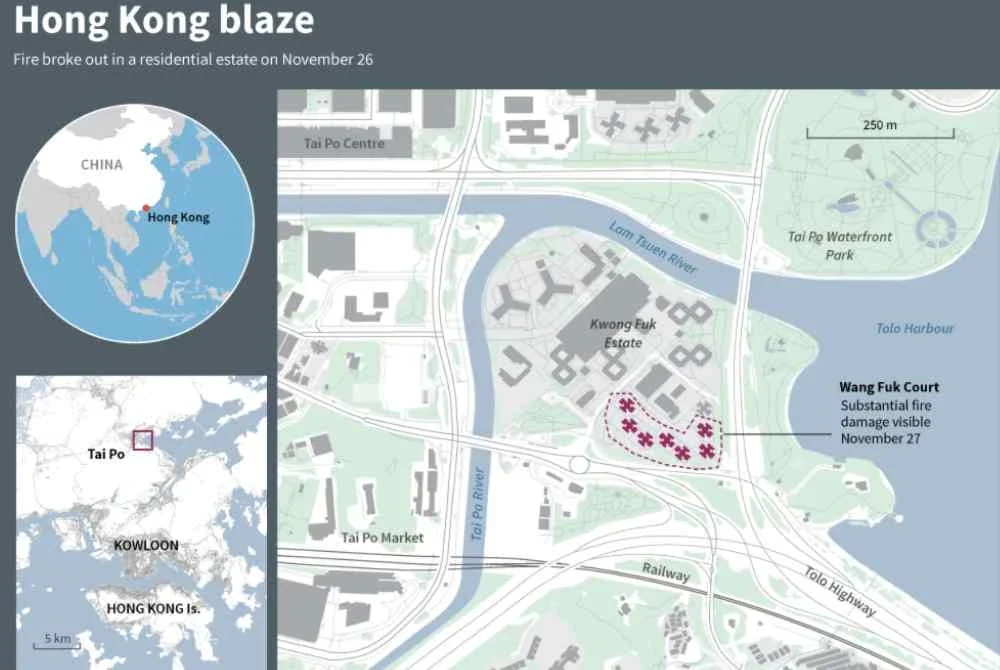 Peta infografik menunjukkan kawasan sekitar Wang Fuk Court, di mana kebakaran maut berlaku di beberapa blok pangsapuri tinggi pada 26 November. Foto AFP