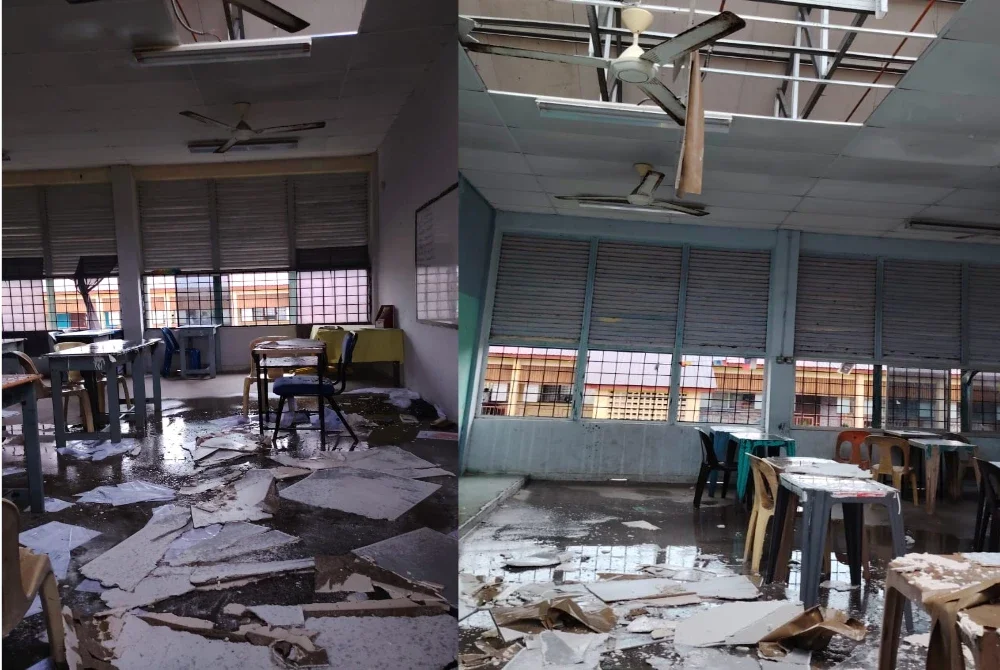 Gambar tular keadaan kelas SMK Tinggi Port Dickson yang mengalami kerosakan susulan Ribut Tropika Senyar