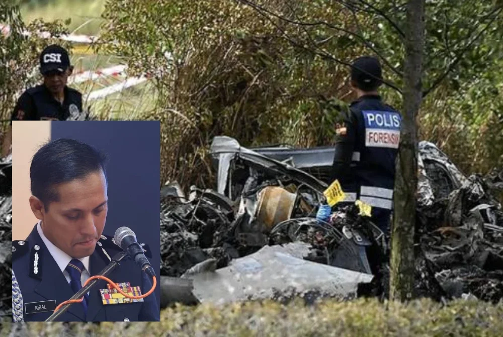 Insiden pesawat terhempas di Elmina pada 2023. Gambar kecil: Mohd Iqbal tidak dapat menahan sebak ketika menyampaikan ucapan dalam Majlis Serah Terima Tugas Ketua Polis Daerah Shah Alam. 