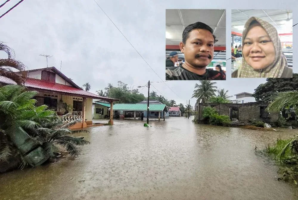 Kediaman rumah penduduk di Kampung Sungai Karang dinaiki air susulan limpahan air sungai berhampiran. Gambar kecil: Dari kiri Muhammad Saifuddin, Norhasilah.