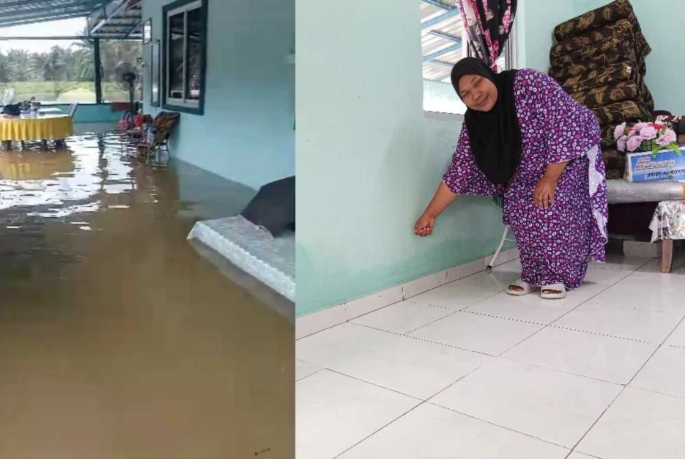 Norsidah menunjukkan pasar air banjir susulan benteng pecah di Kampung Berong Laut, Rengit Batu Pahat.