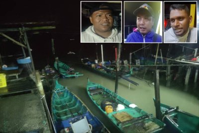 Rata-rata nelayan tidak turun ke laut akibat fenomena ribut tropika pada Khamis. Gambar kecil: Dari kiri: Syakirin, Hadi, Kumar 