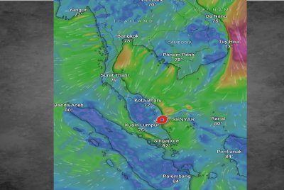 Tangkap layar laman web windy.com menunjukkan Keadaan semasa ribut tropika Senyar selepas melintasi lokasi di Semenanjung Malaysia. Foto: ihsan pembaca