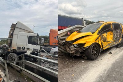 Keadaan treler yang terlibat dalam kemalangan berkenaan. - foto IPD Kluang