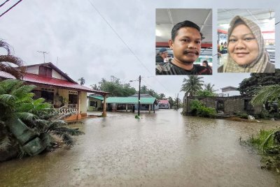 Kediaman rumah penduduk di Kampung Sungai Karang dinaiki air susulan limpahan air sungai berhampiran. Gambar kecil: Dari kiri Muhammad Saifuddin, Norhasilah.