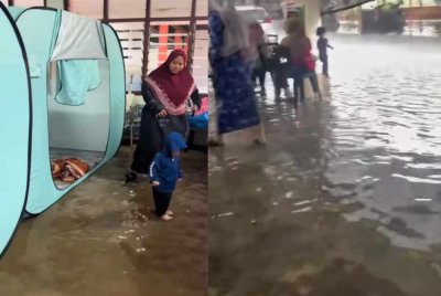 Tangkap layar video tular menunjukkan PPS di SK Bukit Payong dinaiki air dan mangsa banjir dipindahkan ke lokasi lebih selamat.