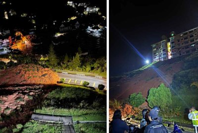 Laluan masuk ke Apartmen Puncak Arabella, Tanah Rata, Cameron Highlands terputus hubungan selepas berlaku kejadian tanah runtuh di lereng bukit berhampiran Blok C bangunan kediaman itu, malam ini.