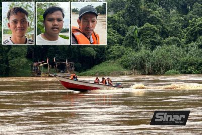 Bot dipandu melintangi arus Sungai Kelantan. Gambar kecil dari kiri (Mohd Asrol, Mohamad Zaim, Saiful) - Foto: SINAR HARIAN/ADILA SHARINNI WAHID 