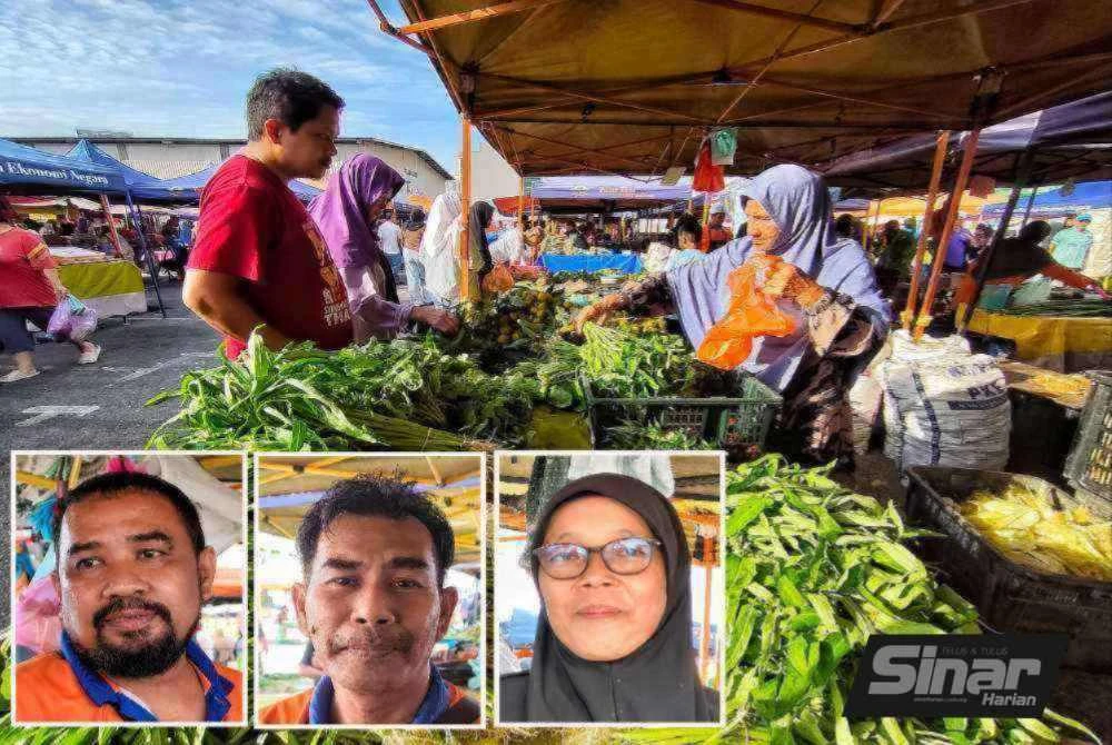 Pelbagai sayuran lain termasuk kangkung turut mengalami kenaikan harga susulan kekurangan bekalan. Gambar kecil dari kiri (Zainal, Yusri, Muhaini)