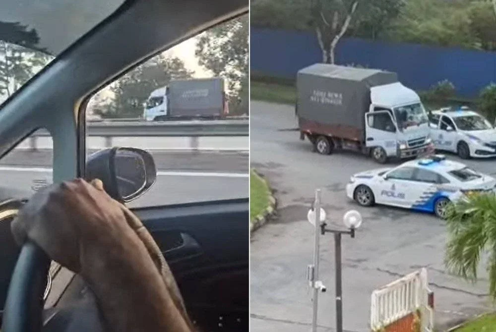 Tangkap layar video tular memaparkan sebuah lori dipandu secara melawan arus di Lebuhraya Utara-Selatan berhampiran Bukit Beruntung.