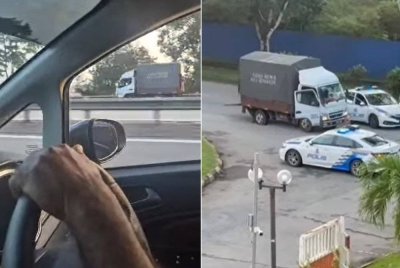 Tangkap layar video tular memaparkan sebuah lori dipandu secara melawan arus di Lebuhraya Utara-Selatan berhampiran Bukit Beruntung.