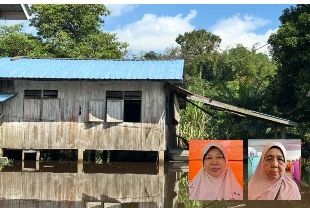 Keadaan pekarangan rumah penduduk yang digenangi banjir. Gambar kecil Khadijah (kiri) dan Razma. Foto Sinar Harian