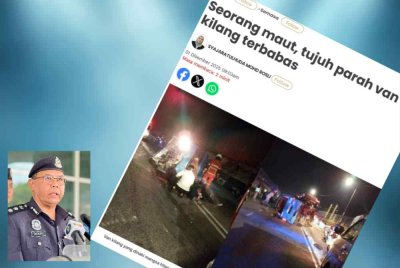 Laporan Sinar Harian pada Isnin mengenai seorang maut manakala tujuh parah apabila van kilang terbabas. Gambar kecil: Abdul Rozak