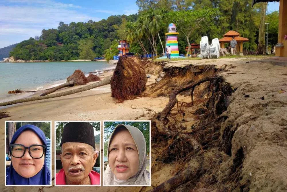 Hakisan pantai yang berlaku menyebabkan pengunjung berkurangan akibat faktor keselamatan. Gambar kecil dari kiri: Nurul Hidayah, Zainal dan Maziah