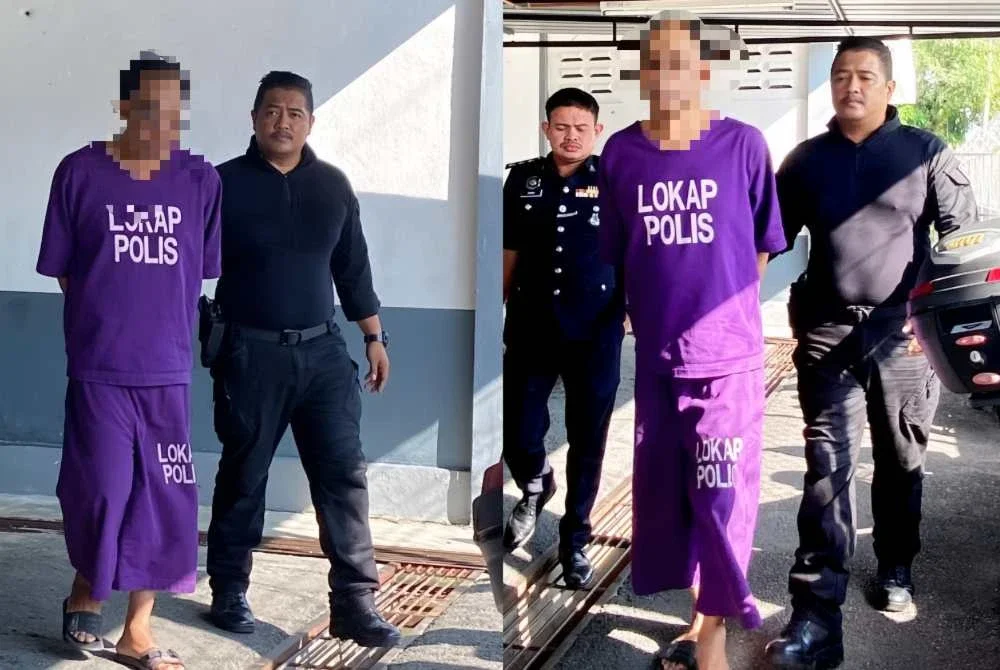 Suspek tiba di Mahkamah Majistret di sini pada jam 9.25 pagi memakai baju lokap berwarna ungu.