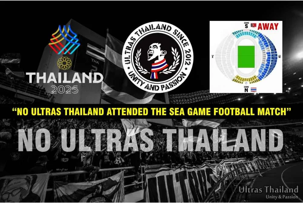 Ultras Thailand memboikot kemasukan ke stadium sehingga dua perkara diperbetulkan iatu peraturan pendaftaran kad pengenalan dihentikan dan zon sorakan tradisi di belakang pintu S dipulihkan.
- Foto: Ultras Thailand