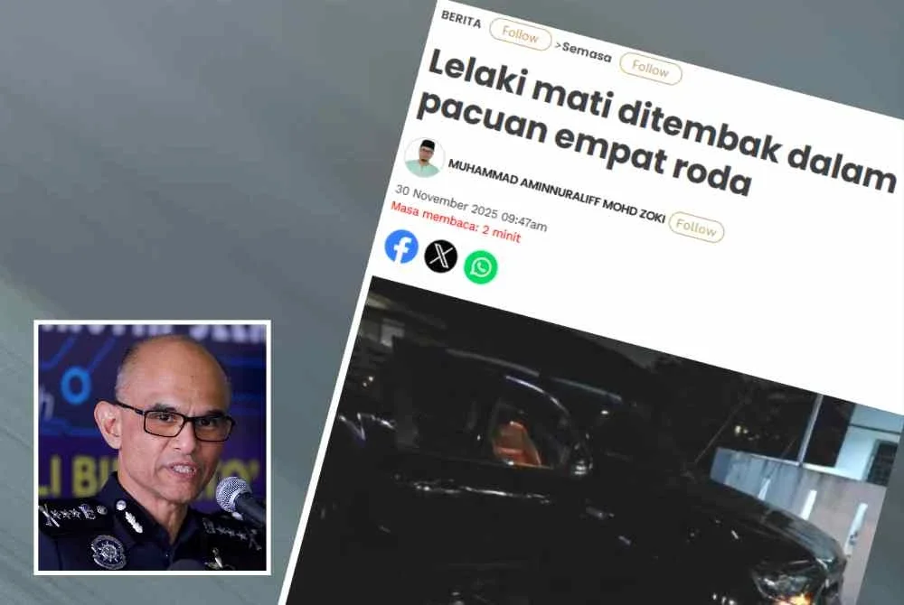Laporan Sinar Harian pada Ahad mengenai lelaki mati ditembak dalam pacuan empat roda. Gambar kecil: Shazeli