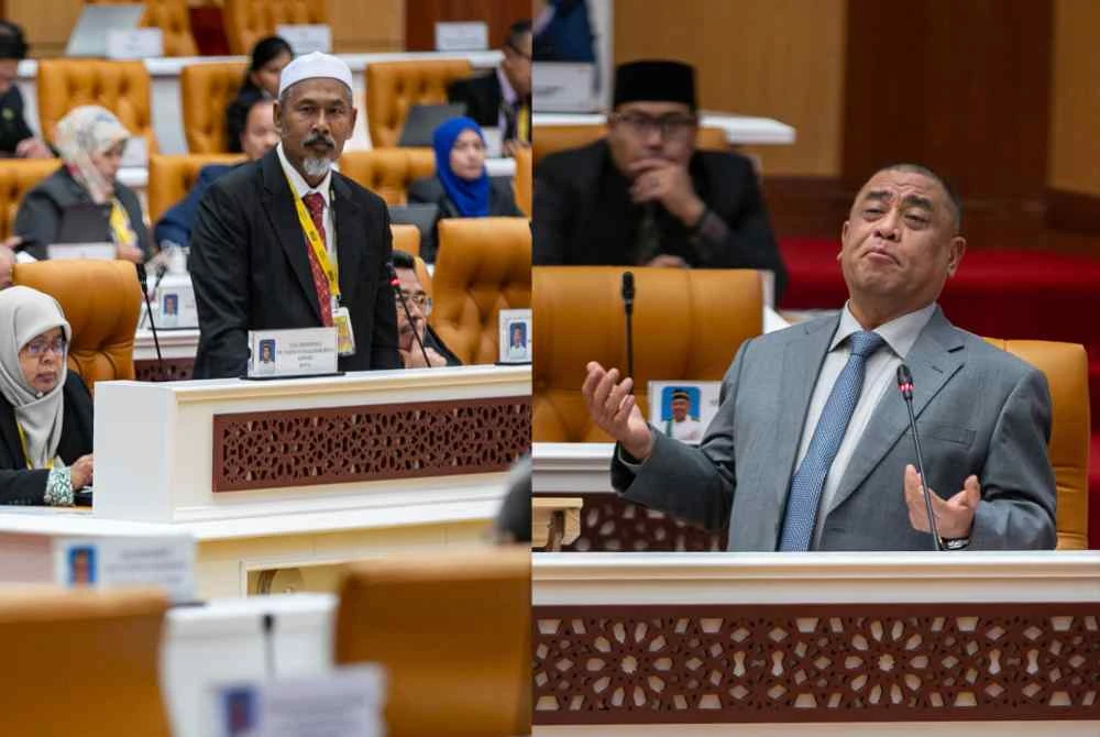 Mohamad Husairi (kiri) bangun mencelah mengemukakan permohonan maaf di dalam DUN Perak ketika Saarani menggulung Belanjawan Perak 2026 pada Selasa.