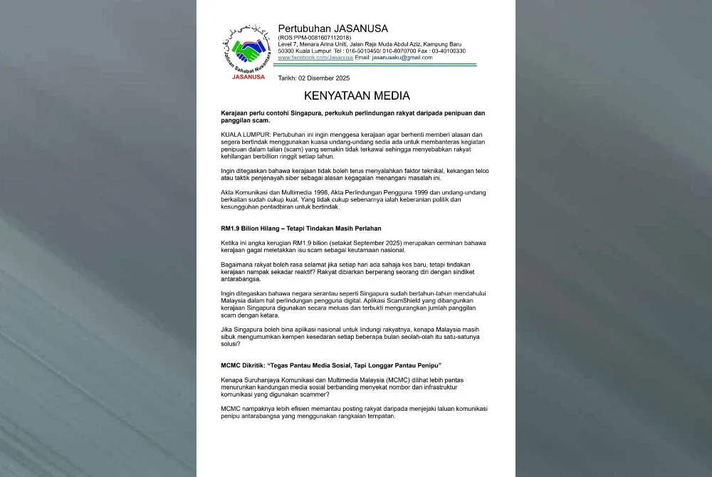 Kenyataan akhbar yang dikeluarkan JASANUSA pada Selasa.