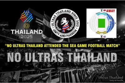 Ultras Thailand memboikot kemasukan ke stadium sehingga dua perkara diperbetulkan iatu peraturan pendaftaran kad pengenalan dihentikan dan zon sorakan tradisi di belakang pintu S dipulihkan.
- Foto: Ultras Thailand