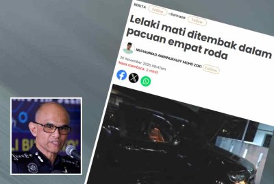 Laporan Sinar Harian pada Ahad mengenai lelaki mati ditembak dalam pacuan empat roda. Gambar kecil: Shazeli