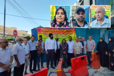 Penduduk, wakil NGO dan beberapa parti politik mengadakan bantahan di hadapan tapak projek pada Selasa. Gambar kecil dari kiri: Sofia, Muhammed Arafath dan Mohamad Naina