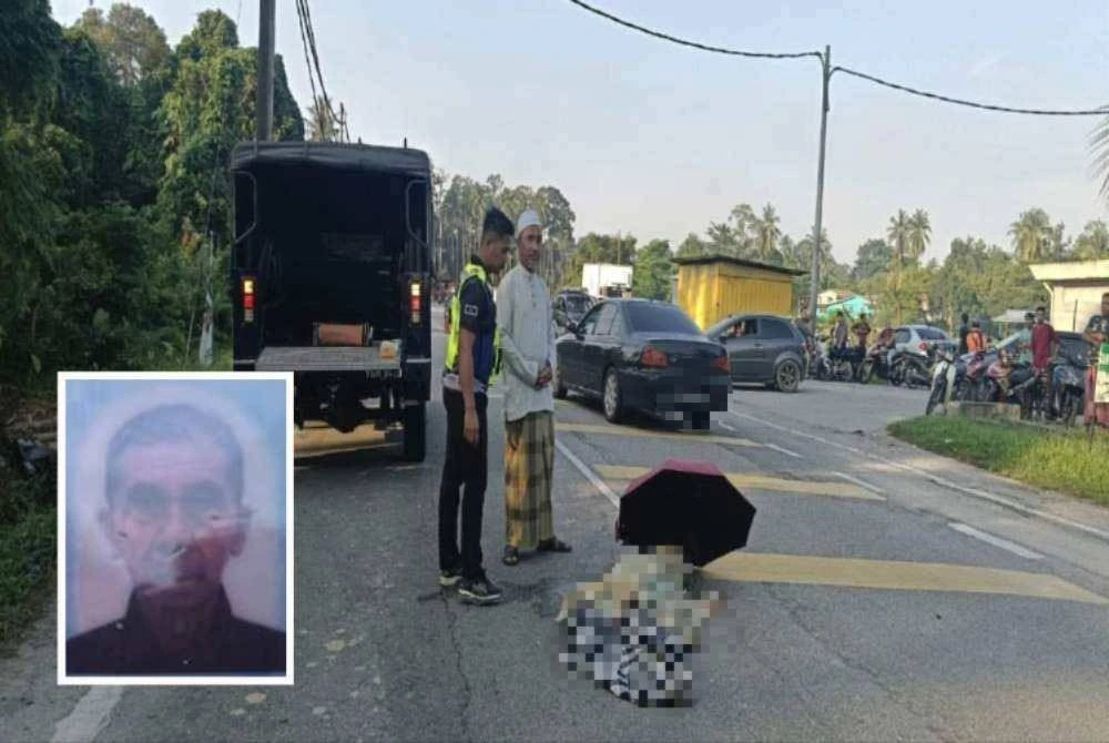 Mangsa maut apabila motosikal ditungganginya terlibat kemalangan dengan sebuah kereta di Jalan Batu Hampar, Manir pada Rabu. Gambar kecil: Awang Mat Amin
